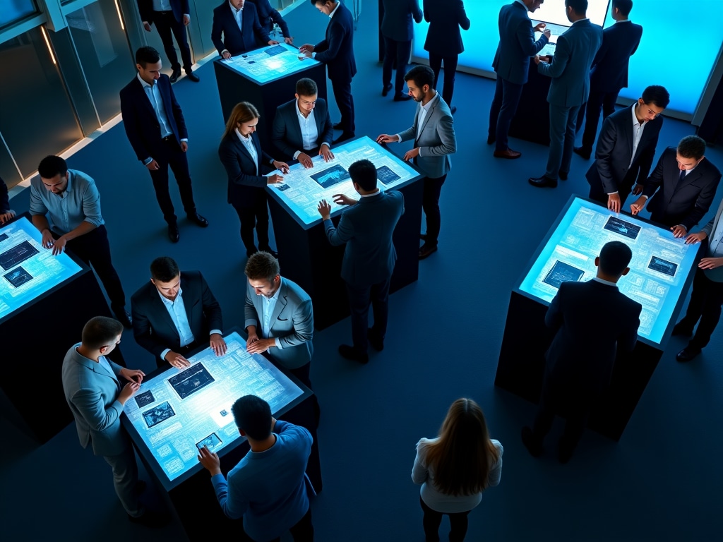 Professionals examining security devices at conference