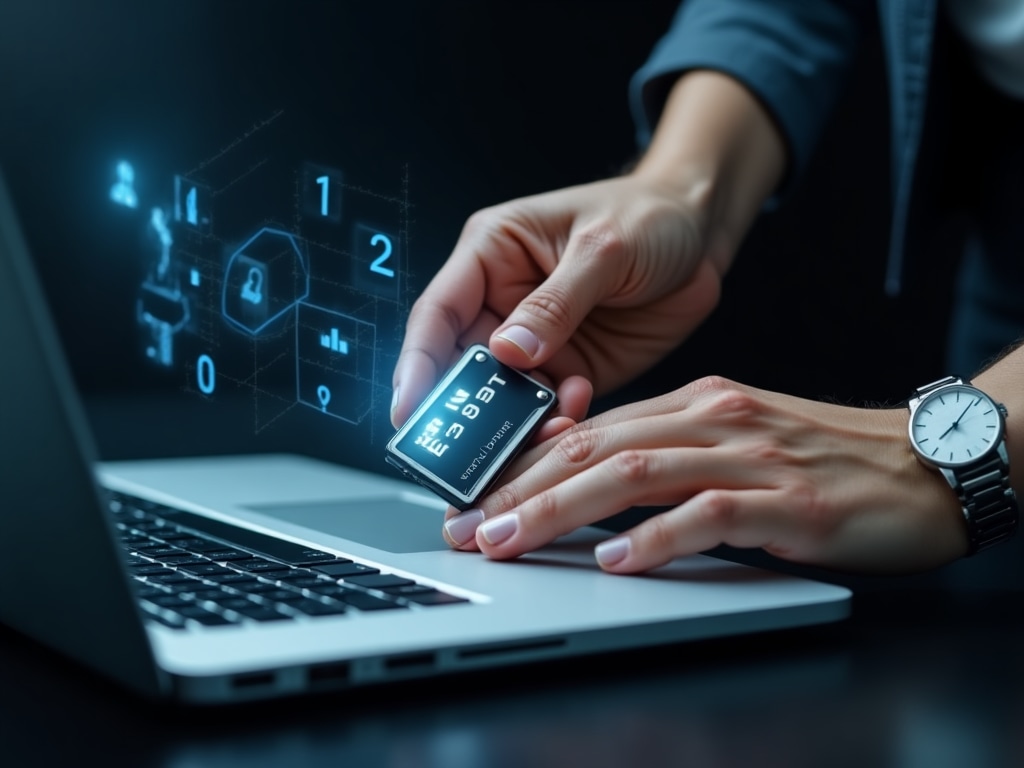 Close-up of hands inserting security key into laptop